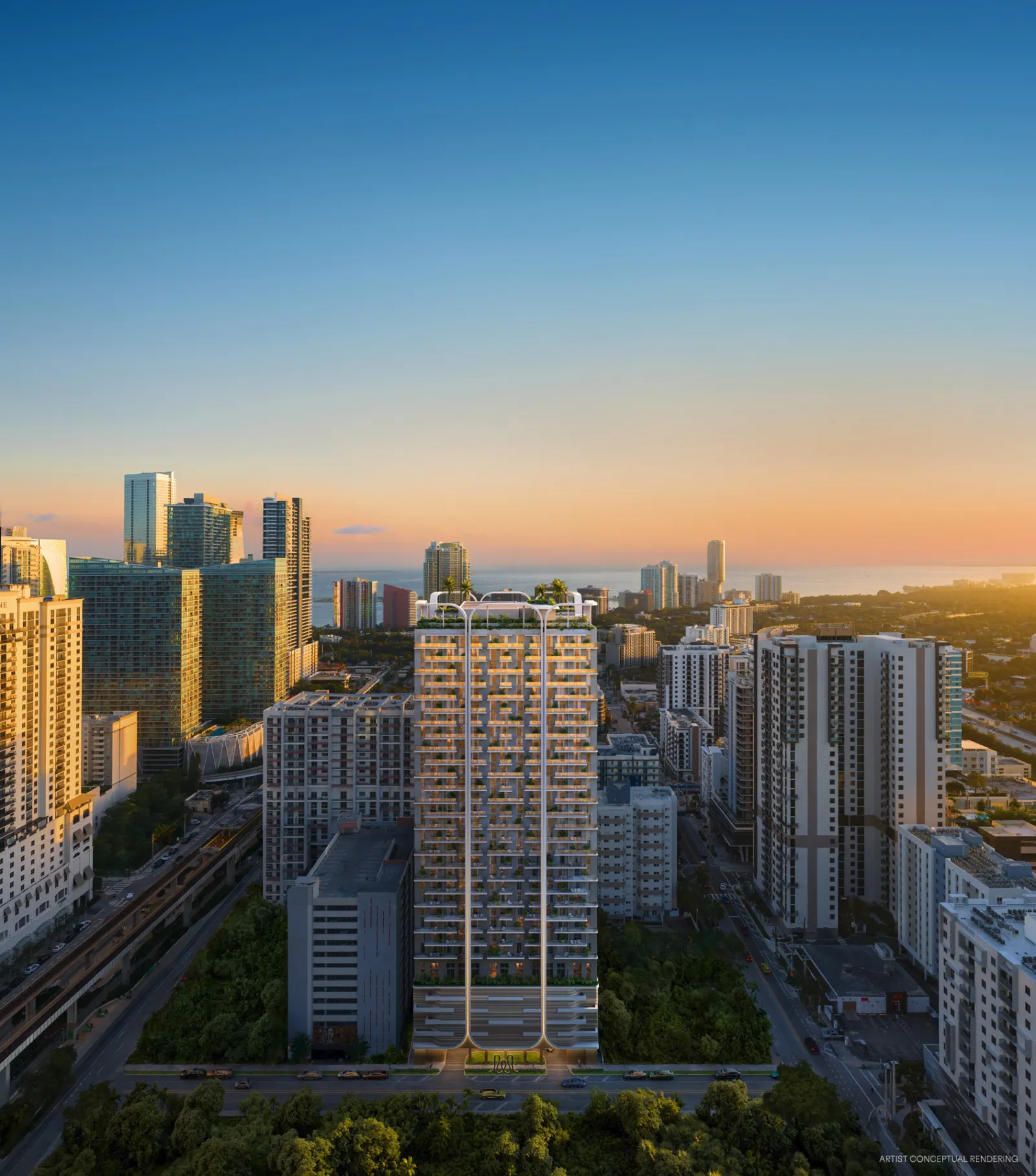 House of Wellness at night, facing the Brickell skyline
